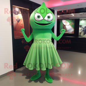 Green Stingray mascot costume character dressed with a Empire Waist Dress and Shoe laces