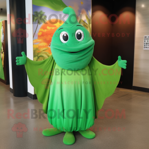 Green Stingray mascot costume character dressed with a Empire Waist Dress and Shoe laces