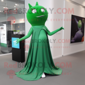Green Stingray mascot costume character dressed with a Empire Waist Dress and Shoe laces