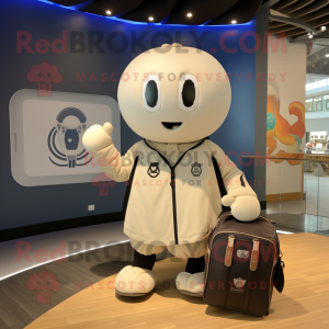 Cream Soccer Ball mascot costume character dressed with a Bomber Jacket and Tote bags