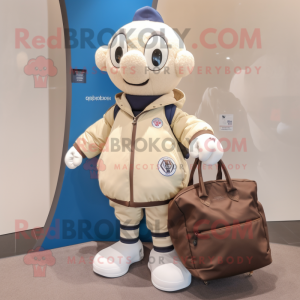 Cream Soccer Ball mascot costume character dressed with a Bomber Jacket and Tote bags