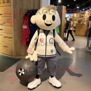 Cream Soccer Ball mascot costume character dressed with a Bomber Jacket and Tote bags