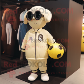 Cream Soccer Ball mascot costume character dressed with a Bomber Jacket and Tote bags