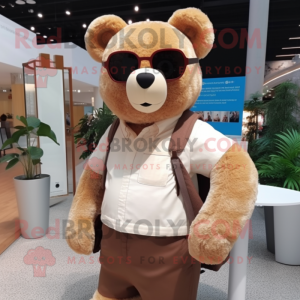 Beige Bear mascot costume character dressed with a Cardigan and Sunglasses