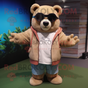 Beige Bear mascot costume character dressed with a Cardigan and Sunglasses
