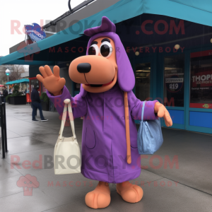 Purple Hot Dog mascot costume character dressed with a Raincoat and Handbags