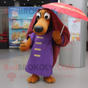 Purple Hot Dog mascot costume character dressed with a Raincoat and Handbags