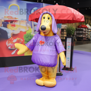 Purple Hot Dog mascot costume character dressed with a Raincoat and Handbags