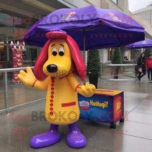 Purple Hot Dog mascot costume character dressed with a Raincoat and Handbags