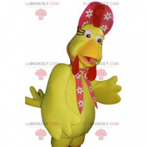 Mascotte gallina gialla e cappello rosso con fiori -