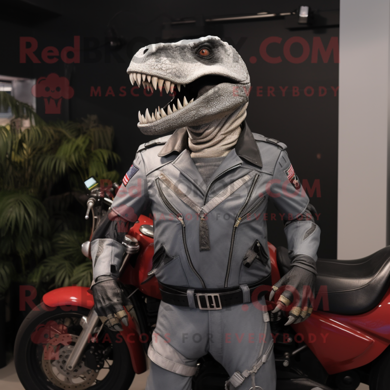 Silver Allosaurus mascot costume character dressed with a Moto Jacket and Belts