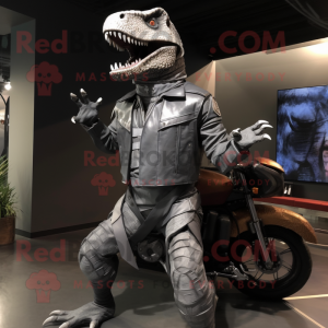 Silver Allosaurus mascot costume character dressed with a Moto Jacket and Belts