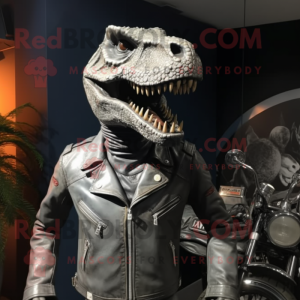Silver Allosaurus mascot costume character dressed with a Moto Jacket and Belts