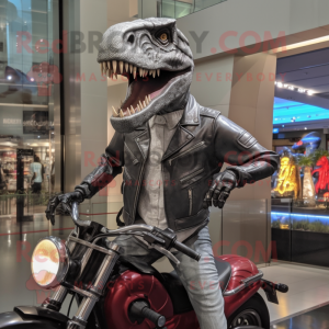 Silver Allosaurus mascot costume character dressed with a Moto Jacket and Belts