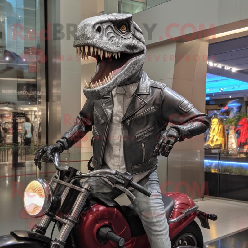 Silver Allosaurus mascot costume character dressed with a Moto Jacket and Belts Silver Allosaurus mascot costume character dressed with a Moto Jacket and Belts