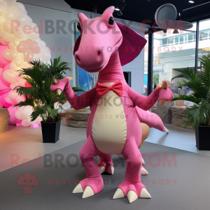 Pink Parasaurolophus mascot costume character dressed with a Long Sleeve Tee and Bow ties