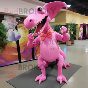 Pink Parasaurolophus mascot costume character dressed with a Long Sleeve Tee and Bow ties