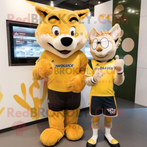 Gold Say Wolf mascot costume character dressed with a Rugby Shirt and Smartwatches