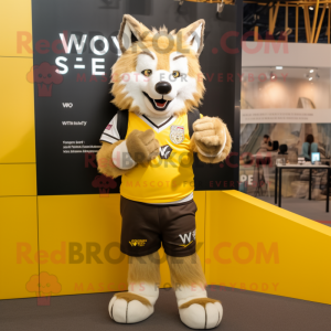 Gold Say Wolf mascot costume character dressed with a Rugby Shirt and Smartwatches