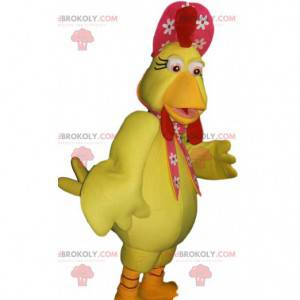 Mascote de galinha amarela e chapéu vermelho com flores -
