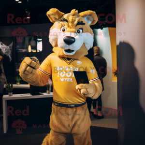 Gold Say Wolf mascot costume character dressed with a Rugby Shirt and Smartwatches