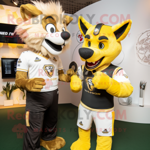 Gold Say Wolf mascot costume character dressed with a Rugby Shirt and Smartwatches