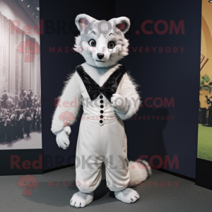 White Civet mascot costume character dressed with a Empire Waist Dress and Suspenders