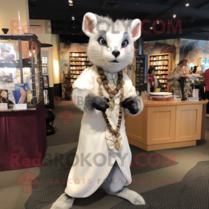 White Civet mascot costume character dressed with a Empire Waist Dress and Suspenders