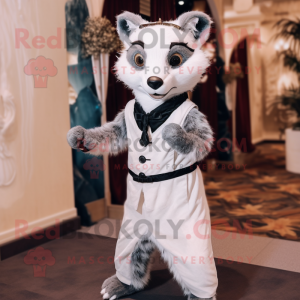White Civet mascot costume character dressed with a Empire Waist Dress and Suspenders
