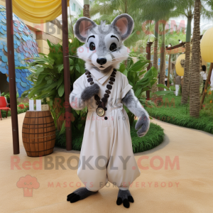 White Civet mascot costume character dressed with a Empire Waist Dress and Suspenders