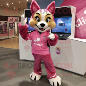 Pink Lynx mascot costume character dressed with a Long Sleeve Tee and Brooches