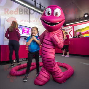 Magenta Snake mascot costume character dressed with a Jeggings and Watches