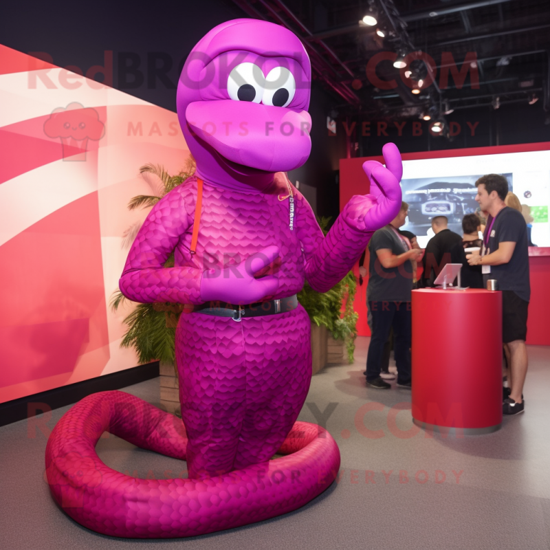 Magenta Snake mascot costume character dressed with a Jeggings and Watches