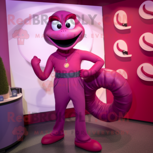 Magenta Snake mascot costume character dressed with a Jeggings and Watches