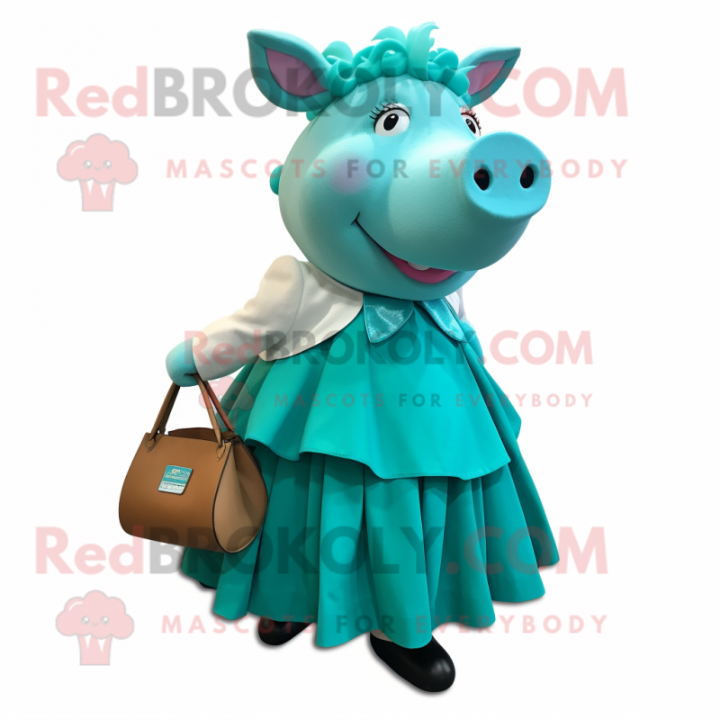 Turquoise Sow mascot costume character dressed with a A-Line Skirt and Handbags