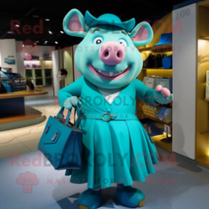 Turquoise Sow mascot costume character dressed with a A-Line Skirt and Handbags