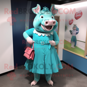 Turquoise Sow mascot costume character dressed with a A-Line Skirt and Handbags