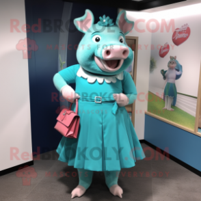 Turquoise Sow mascot costume character dressed with a A-Line Skirt and Handbags