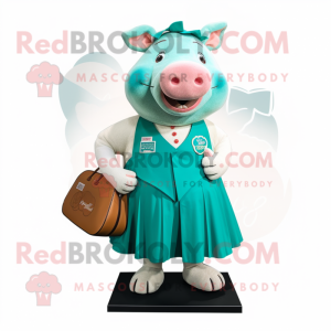 Turquoise Sow mascot costume character dressed with a A-Line Skirt and Handbags