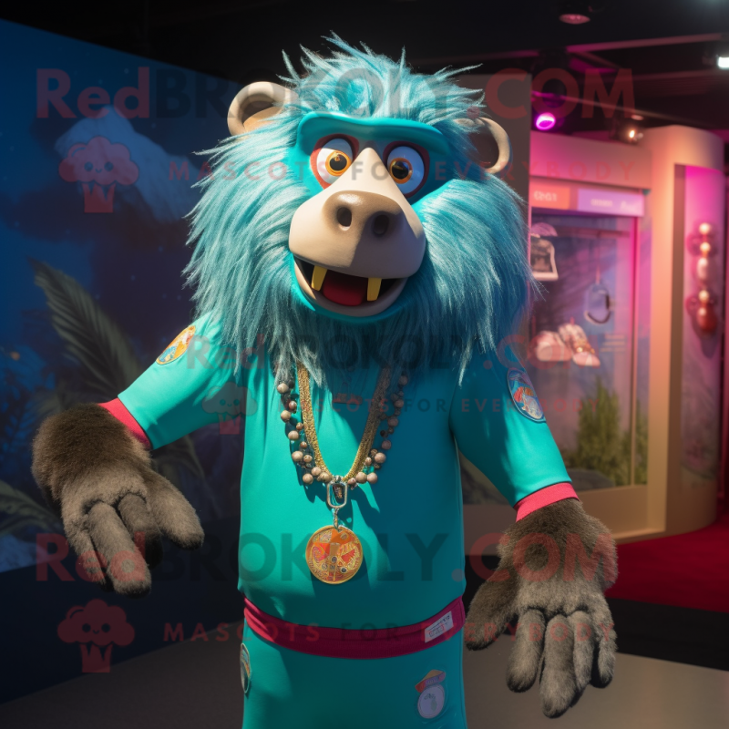 Teal Baboon mascot costume character dressed with a Rash Guard and Necklaces