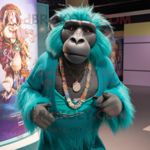 Teal Baboon mascot costume character dressed with a Rash Guard and Necklaces
