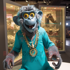 Teal Baboon mascot costume character dressed with a Rash Guard and Necklaces