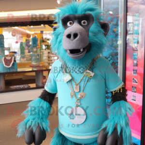 Teal Baboon mascot costume character dressed with a Rash Guard and Necklaces