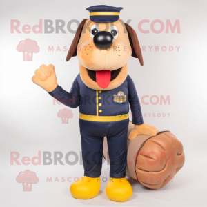 Navy Hot Dog mascot costume character dressed with a Leather Jacket and Foot pads