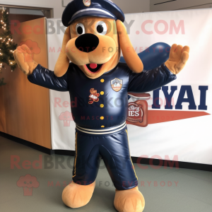Navy Hot Dog mascot costume character dressed with a Leather Jacket and Foot pads