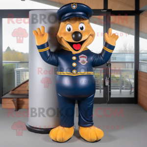 Navy Hot Dog mascot costume character dressed with a Leather Jacket and Foot pads