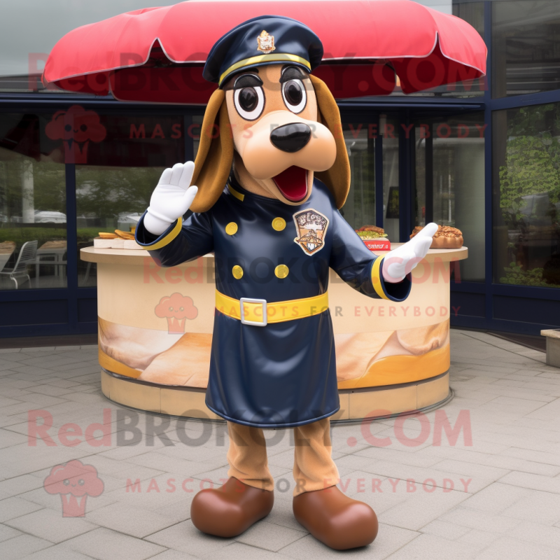 Navy Hot Dog mascot costume character dressed with a Leather Jacket and Foot pads Navy Hot Dog mascot costume character dressed with a Leather Jacket and Foot pads