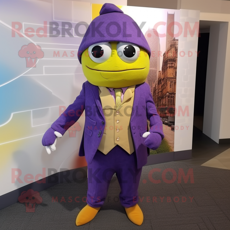 Purple Lemon mascot costume character dressed with a Turtleneck and Pocket squares