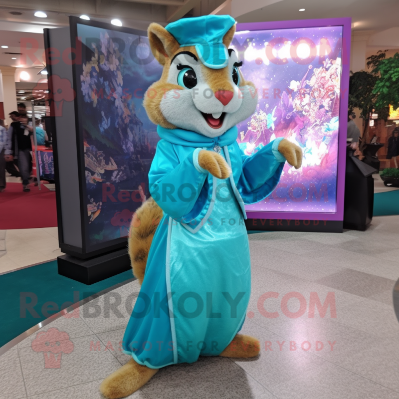 Turquoise Squirrel mascot costume character dressed with a Ball Gown and Pocket squares