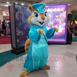Turquoise Squirrel mascot costume character dressed with a Ball Gown and Pocket squares